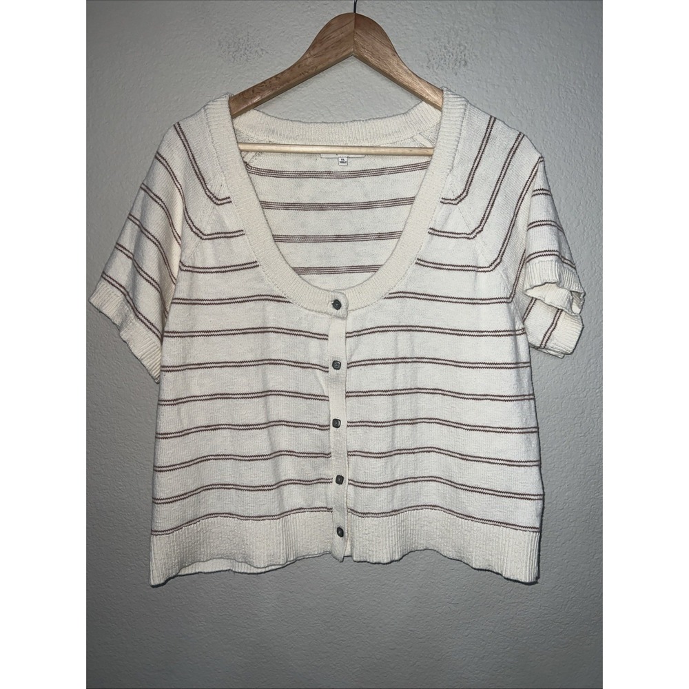 Madewell IVORY/BROWN StripeLinden Scoop Neck Cropped Sweater EXTRA LARGE